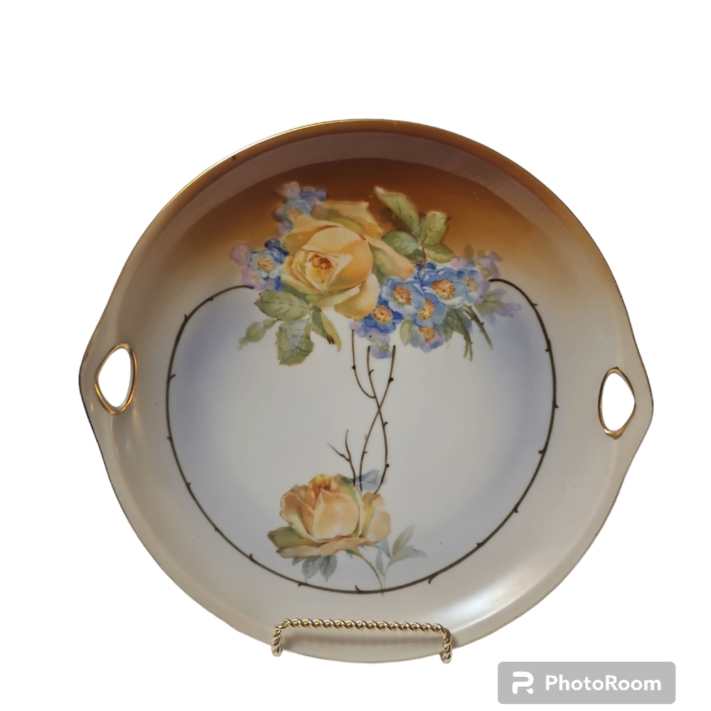 Antique porcelain KAHLA rose handpainted rose handled plate 10"
